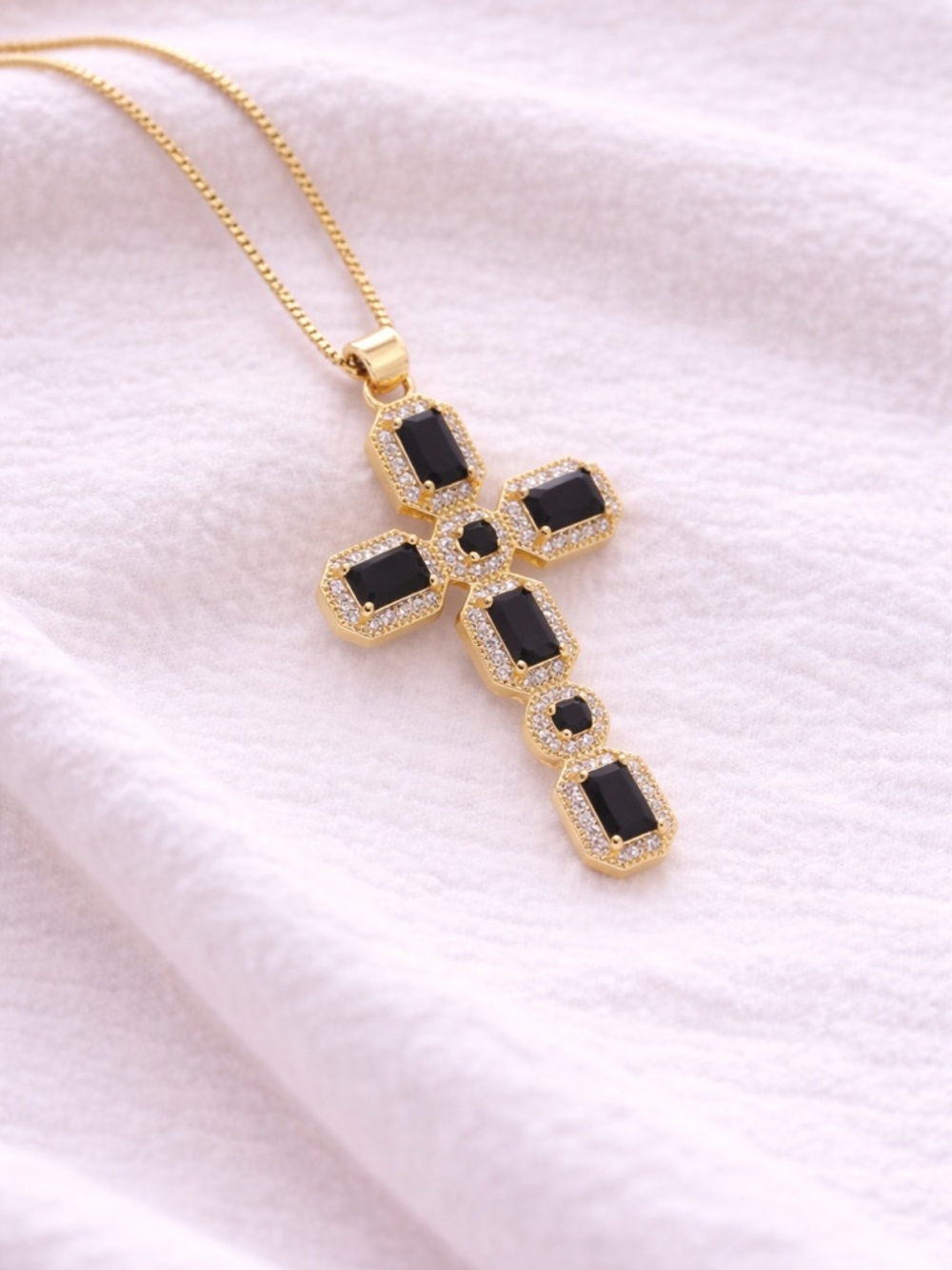 Gold Cross Pendant Necklace with Black Stones - Women Jewelry